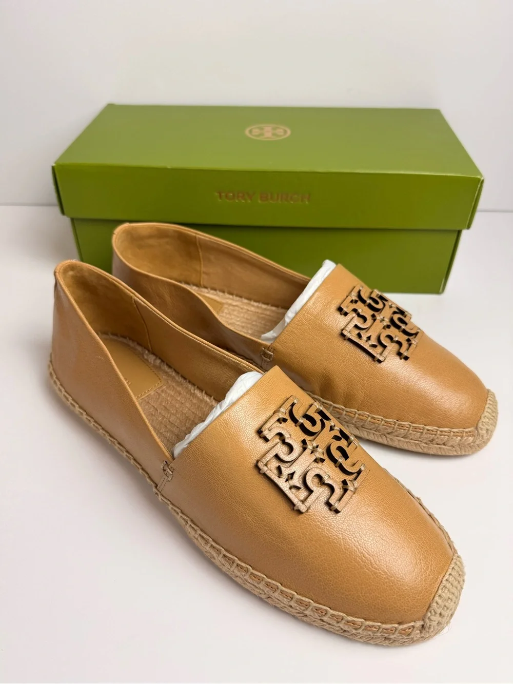 Tory Burch Cut-Out Logo Leather Espadrille Flats Ginger Shortbread US 11